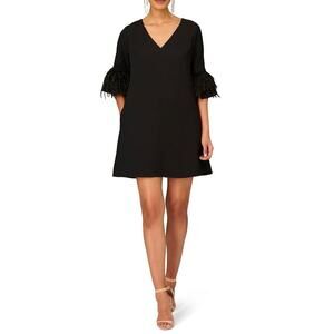 Aidan Mattox Adrianna Papell 3/4 Sleeve Feather Trapeze Cocktail Dress Black 8